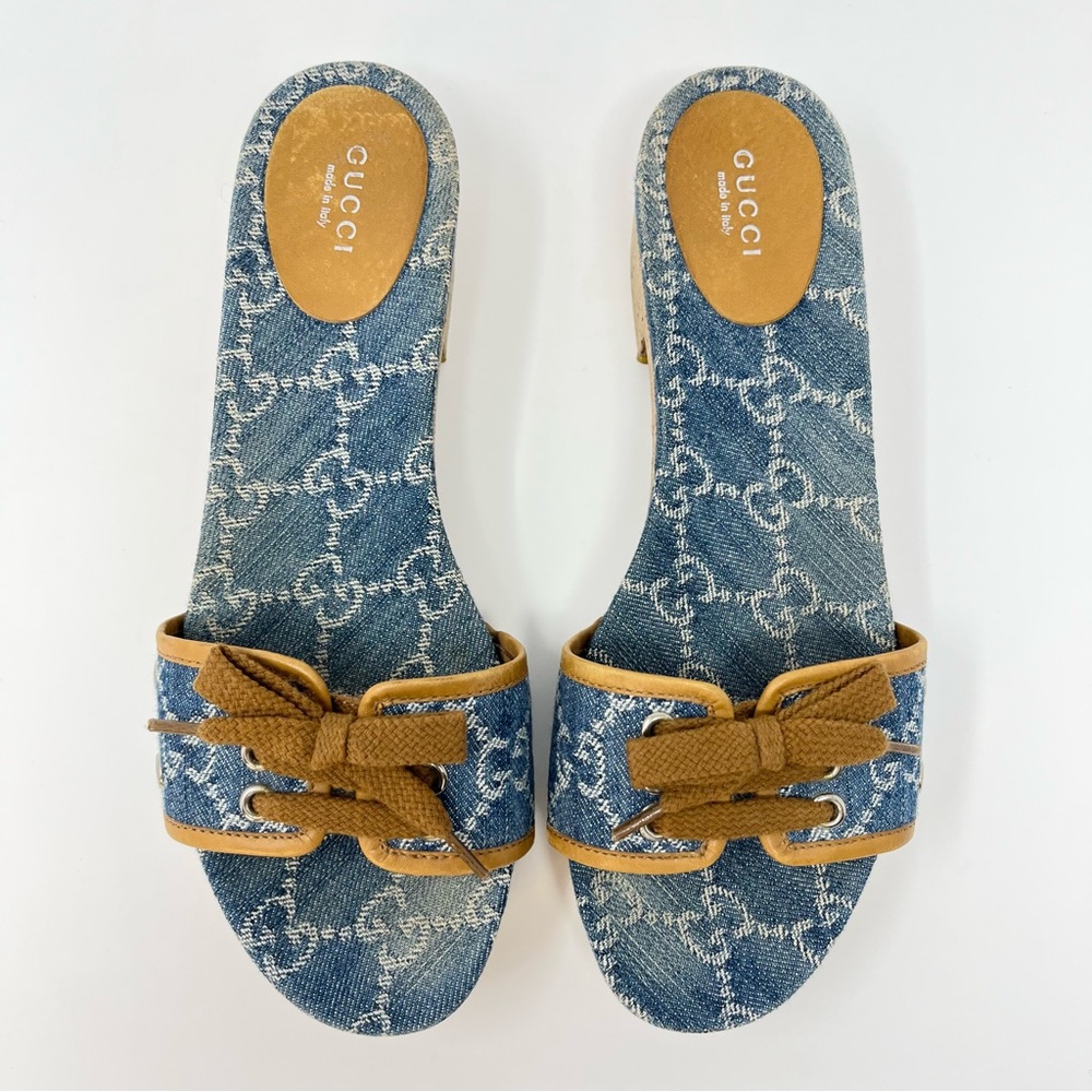 Gucci Vintage 90s Y2K Interlocking GG Logo Sandals Slides Heels Denim Blue 38 8 - Picture 3 of 12